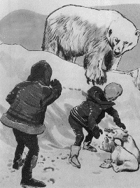 A mother polar bear menaces Jonny and Hadji