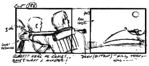 Storyboard drawing of Race and Dr. Quest battling Turu
